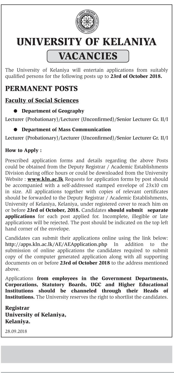 Lecturer, Senior Lecturer - University of Kelaniya